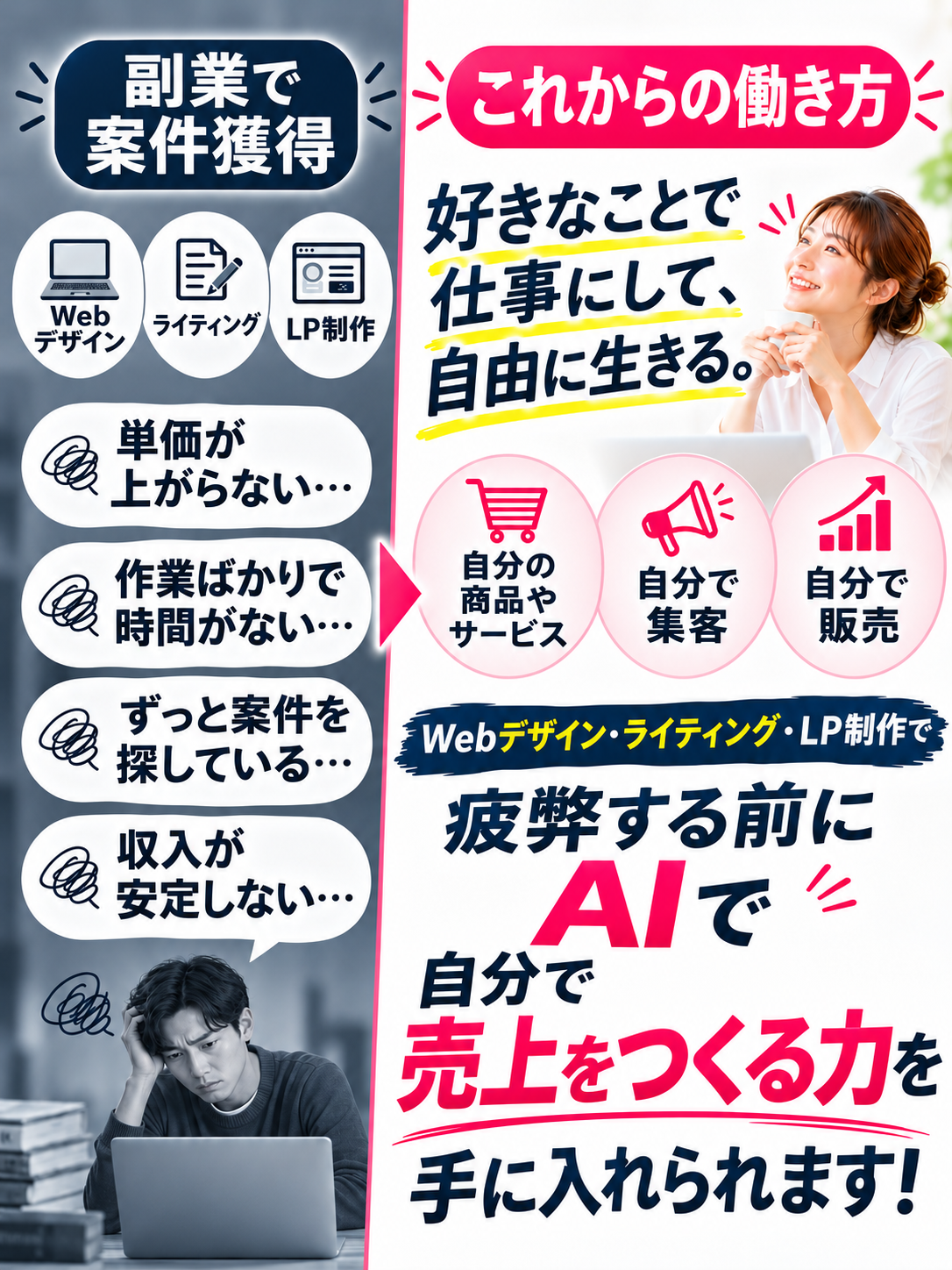 副業で案件獲得(Webデザイン・ライティング・LP制作。単価が上がらない、作業ばかりで時間がない、ずっと案件を探している、収入が安定しない)から、これからの働き方へ。好きなことで仕事にして、自由に生きる。自分の商品やサービスを自分で集客・販売。疲弊する前にAIで自分で売上をつくる力を手に入れられます!