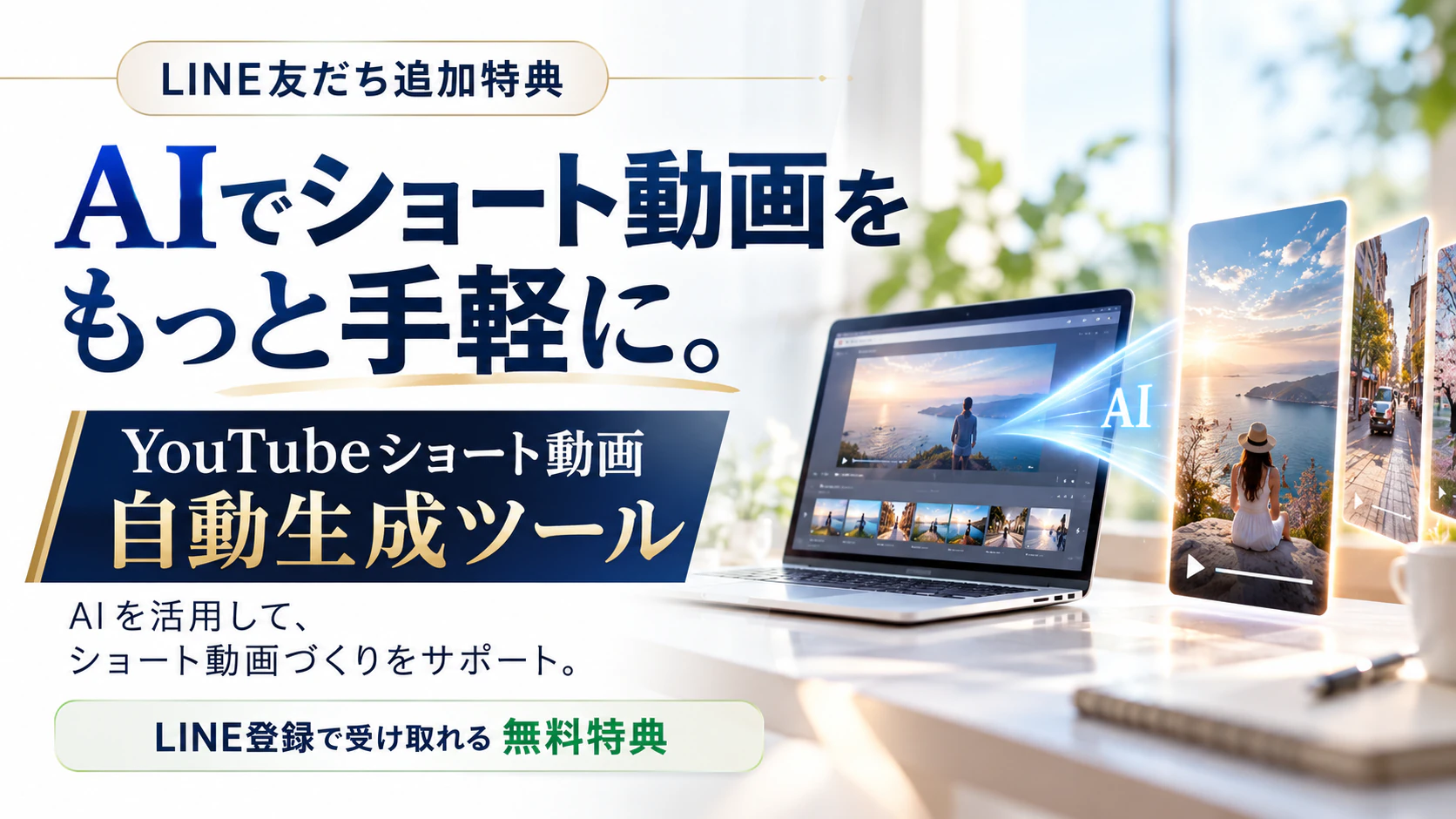 LINE友だち追加特典。AIでショート動画をもっと手軽に。YouTubeショート動画自動生成ツール。AIを活用して、ショート動画づくりをサポート。LINE登録で受け取れる無料特典